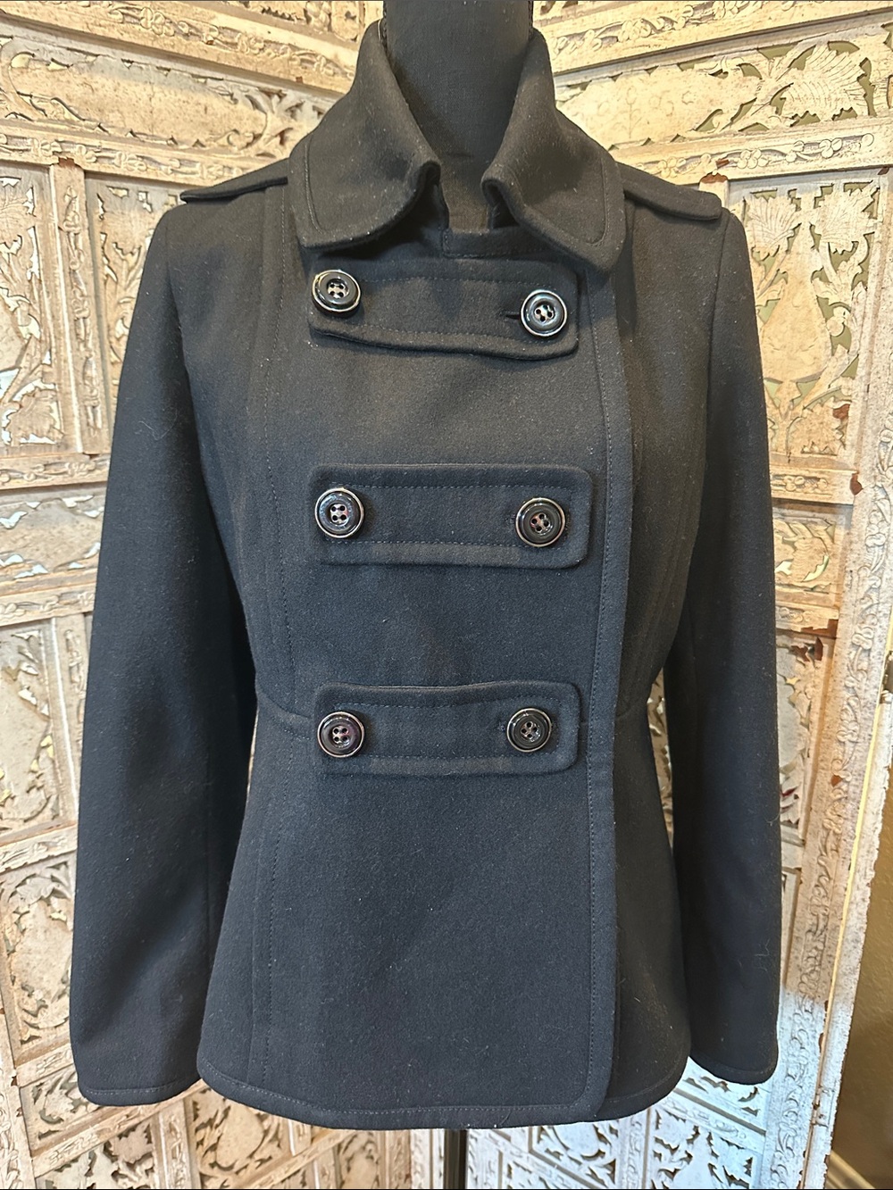 Kenneth Cole New York Black Double-Breasted Peacoat Wool Blend